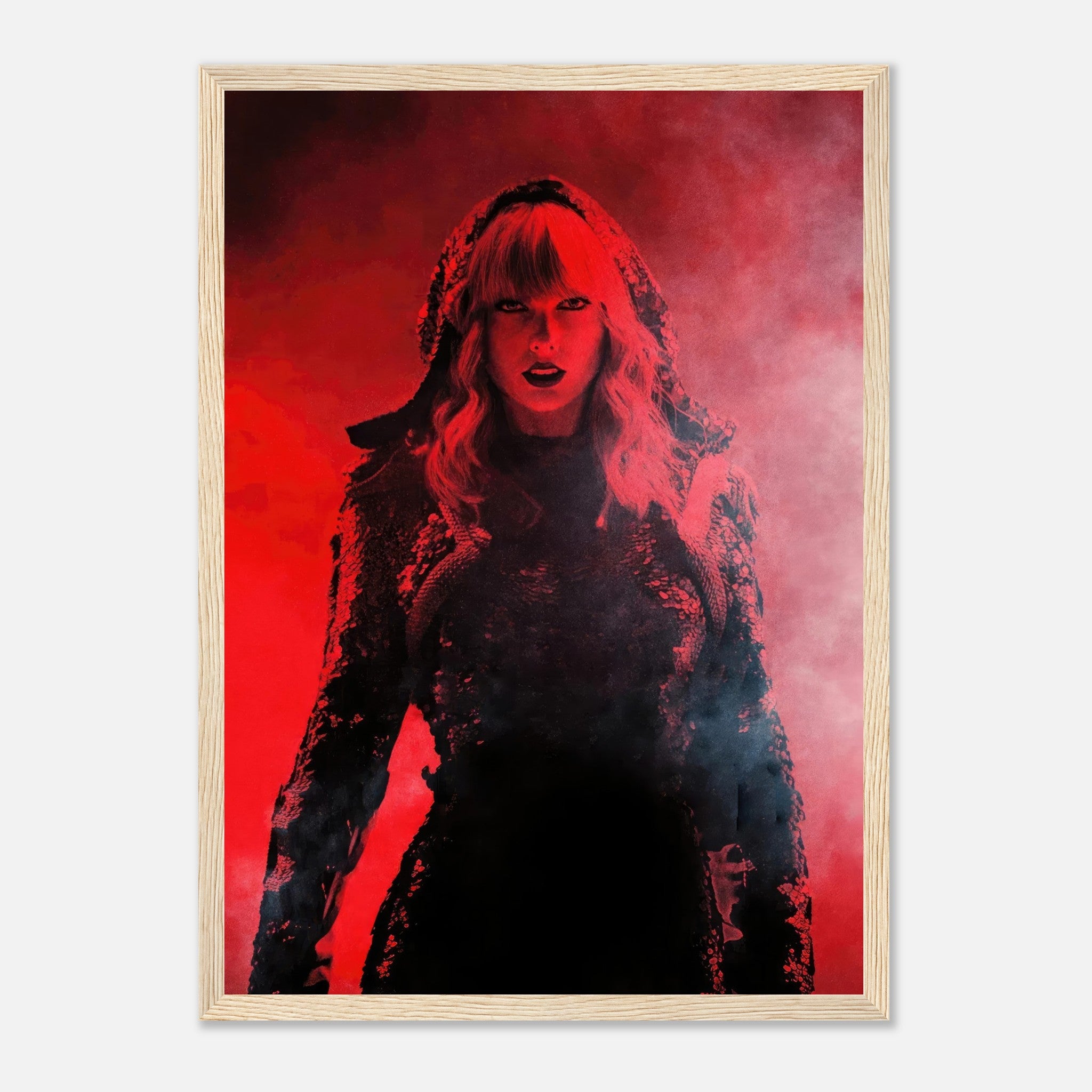 Taylor Swift Red framed print featuring a striking design in vibrant red hues, showcasing her commanding presence.