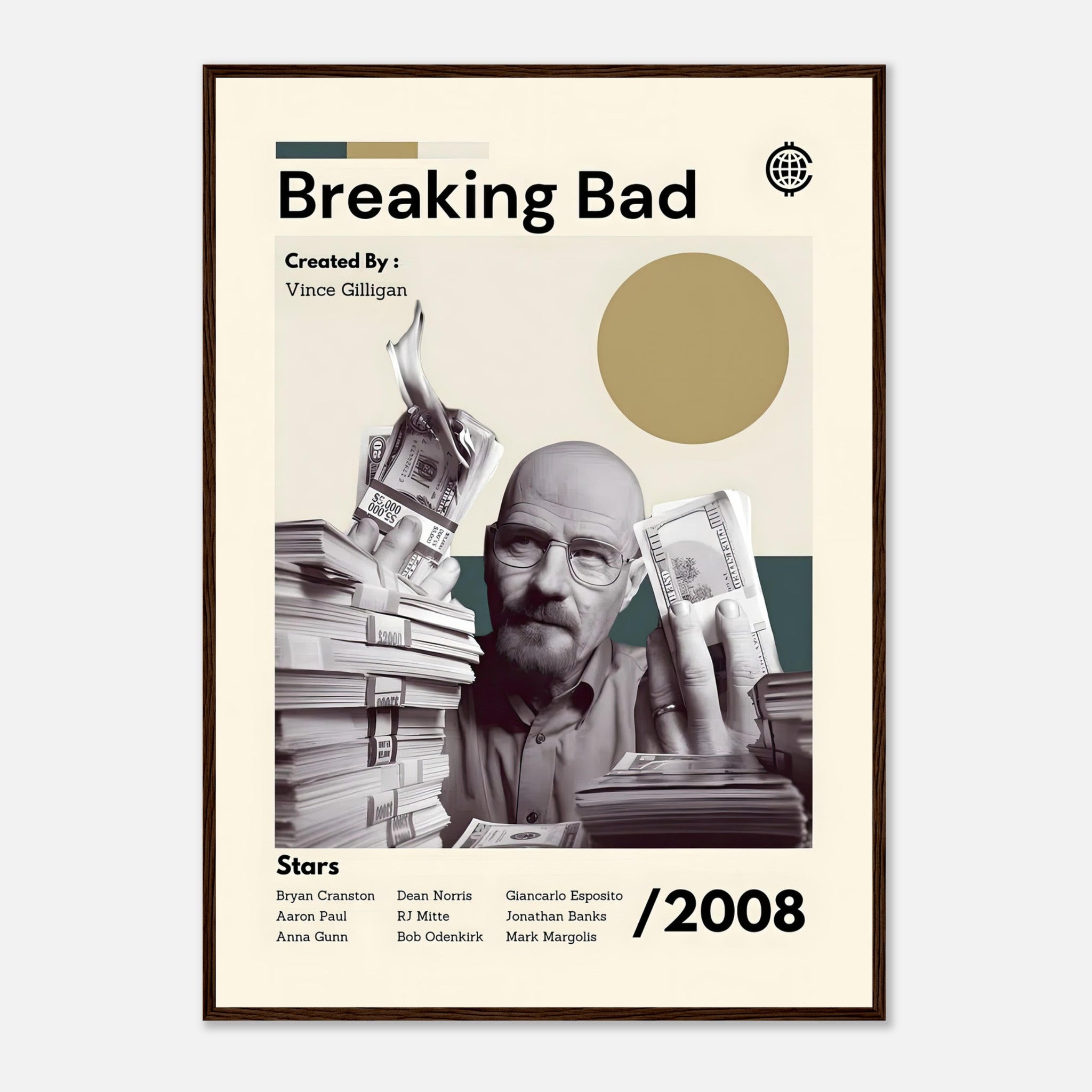 Framed print of Breaking Bad artwork featuring Walter White, showcasing the show's iconic themes and characters.