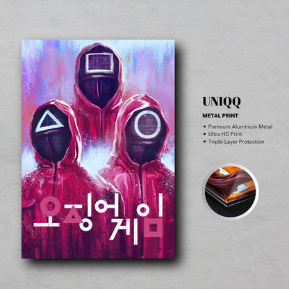 Squid Game metal poster print featuring masked guards in red uniforms and Korean text, perfect for fans of the iconic series.