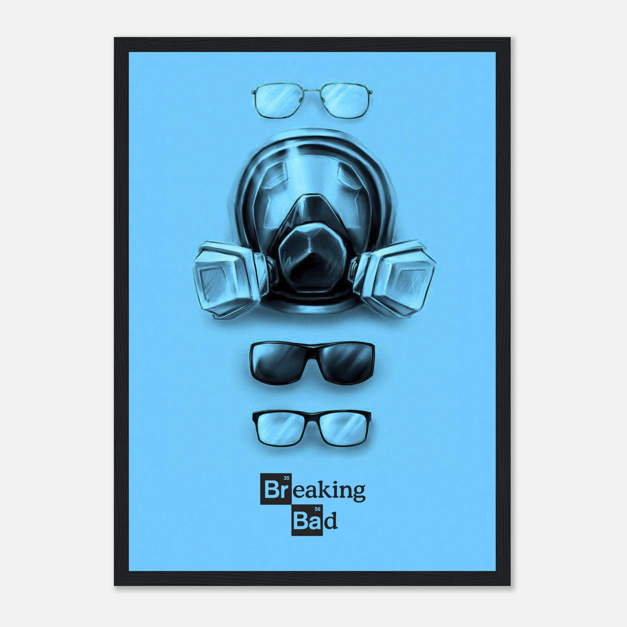 Breaking Bad minimalist poster featuring a gas mask and glasses on a bold blue background. Perfect for chemistry fans.