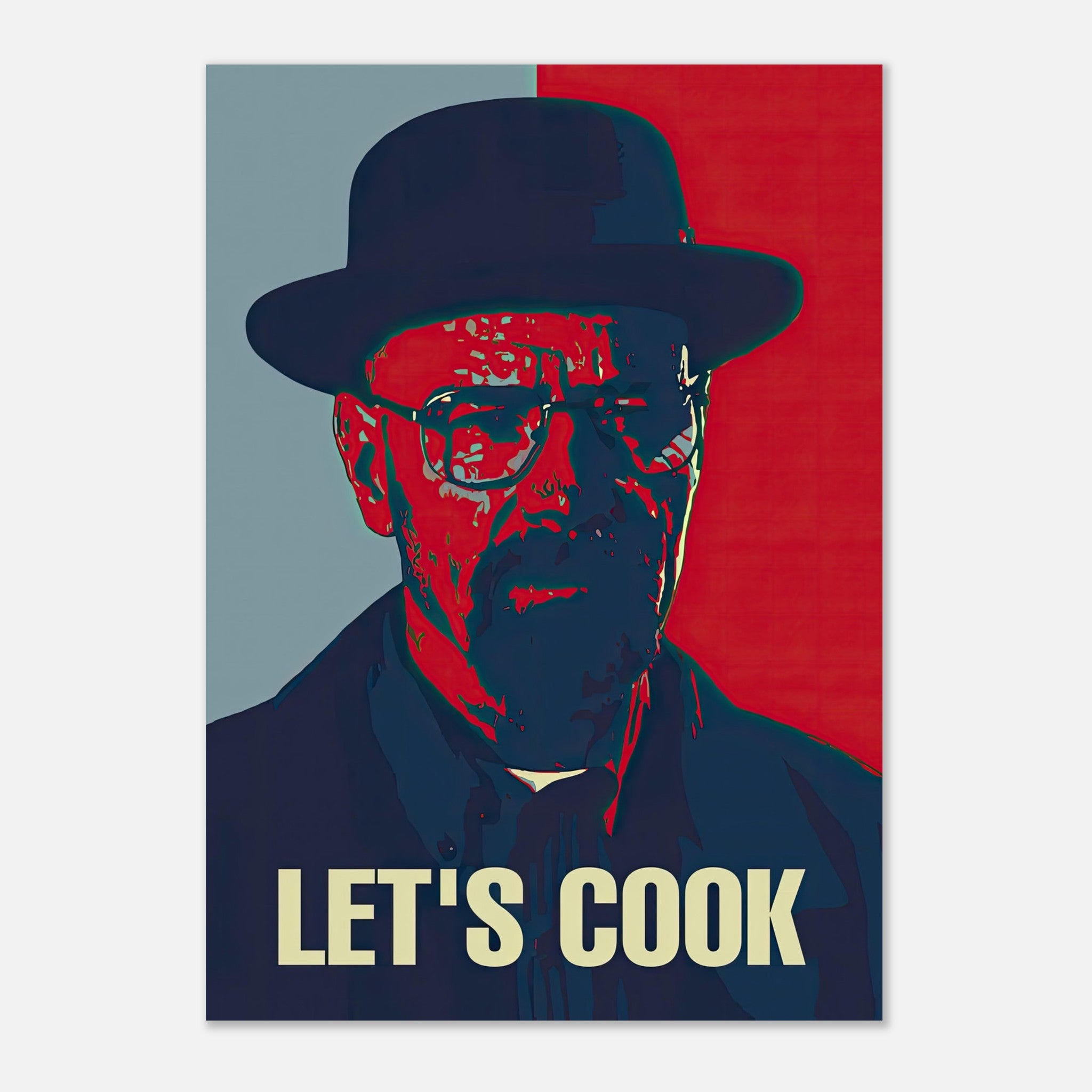 Heisenberg Let's Cook poster featuring bold colors and iconic anti-hero design, perfect for pop art fans.