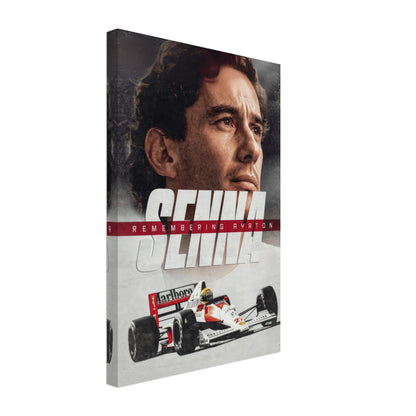 Ayrton Senna canvas art featuring his iconic expression and racing car, celebrating the legacy of the Formula 1 legend.