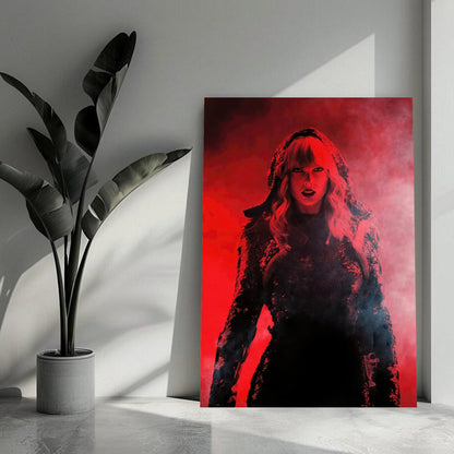 Taylor Swift Red metal poster featuring a dramatic design with vivid red tones, showcasing her fierce presence in a modern decor setting.