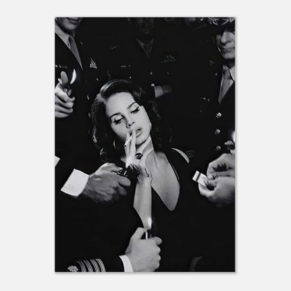 Lana Del Rey Smoking Poster, a dramatic black-and-white print showcasing her iconic allure and elegance.