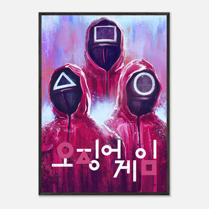 Squid Game fine art print featuring iconic red-hooded guards with symbolic masks and colorful background, capturing suspense and drama.