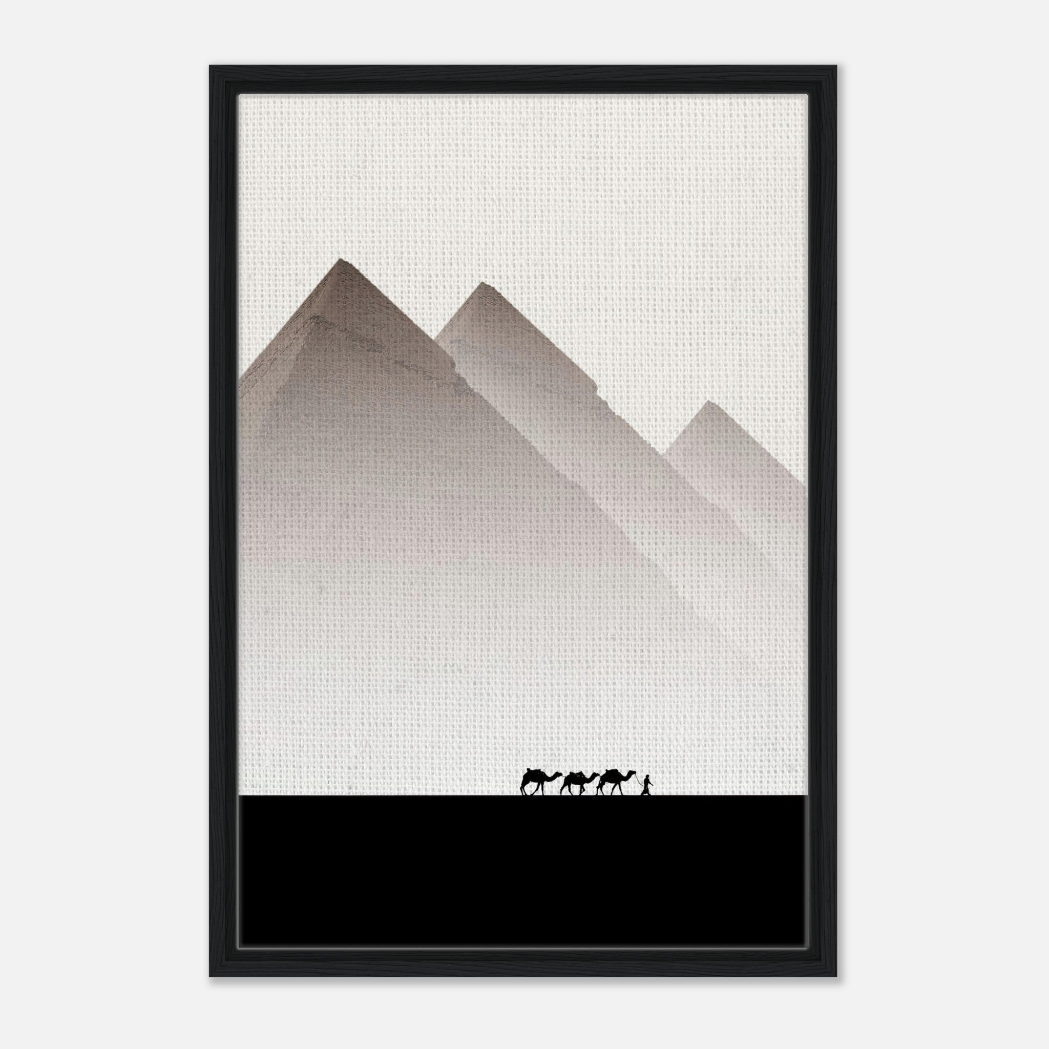 Minimalist framed canvas print of the Pyramids of Giza with earthy tones and silhouettes of camels.