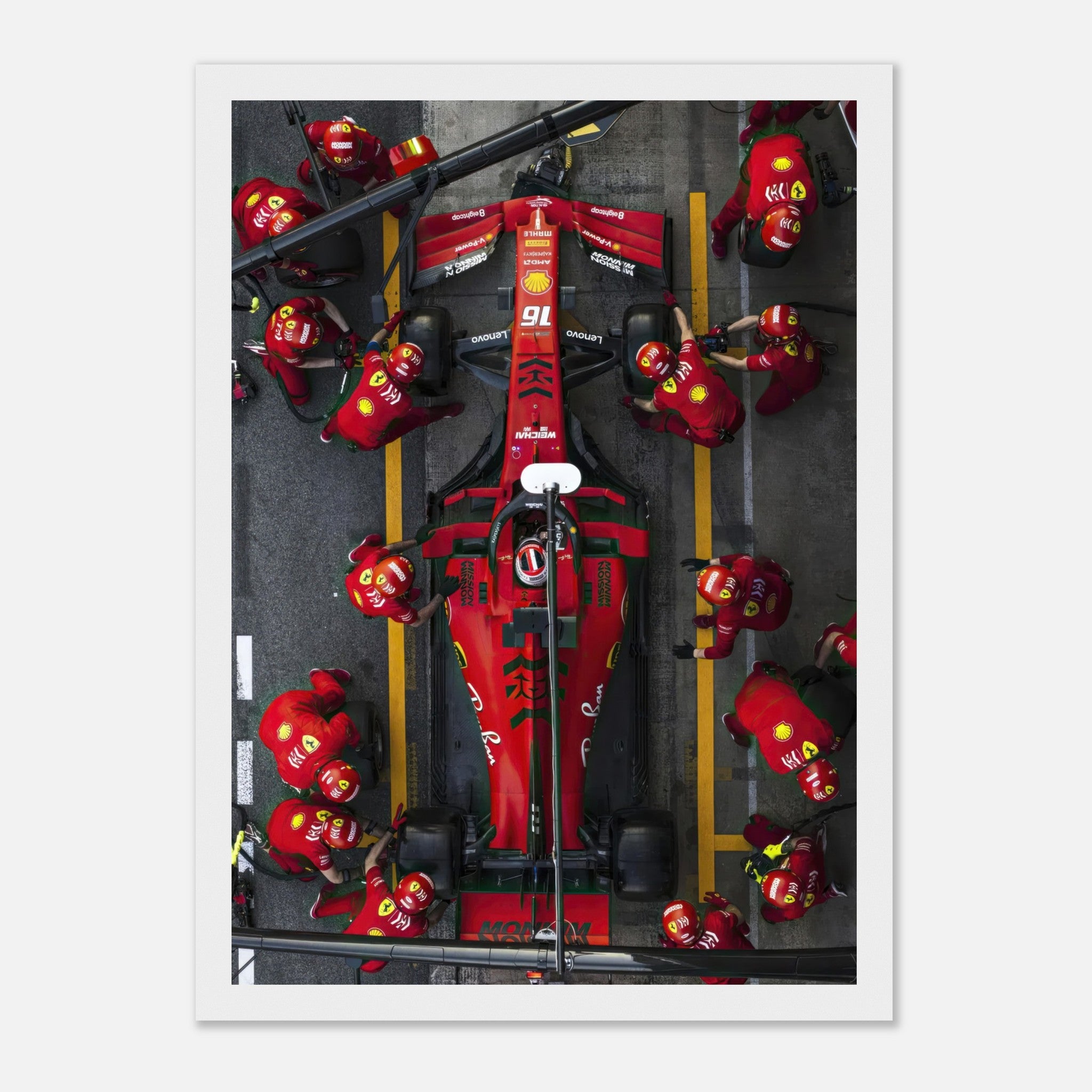 Dynamic Formula 1 Ferrari pitstop print showcasing the precision of the pit crew in vivid red details.