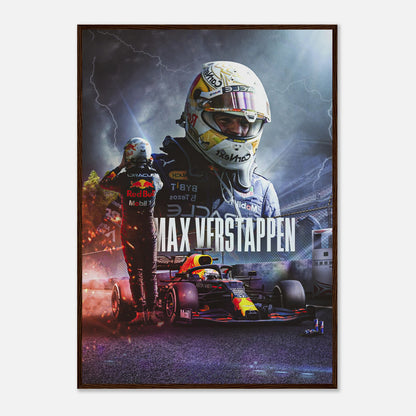 Max Verstappen Red Bull Racing framed print showcasing vibrant artwork of the F1 champion in action.