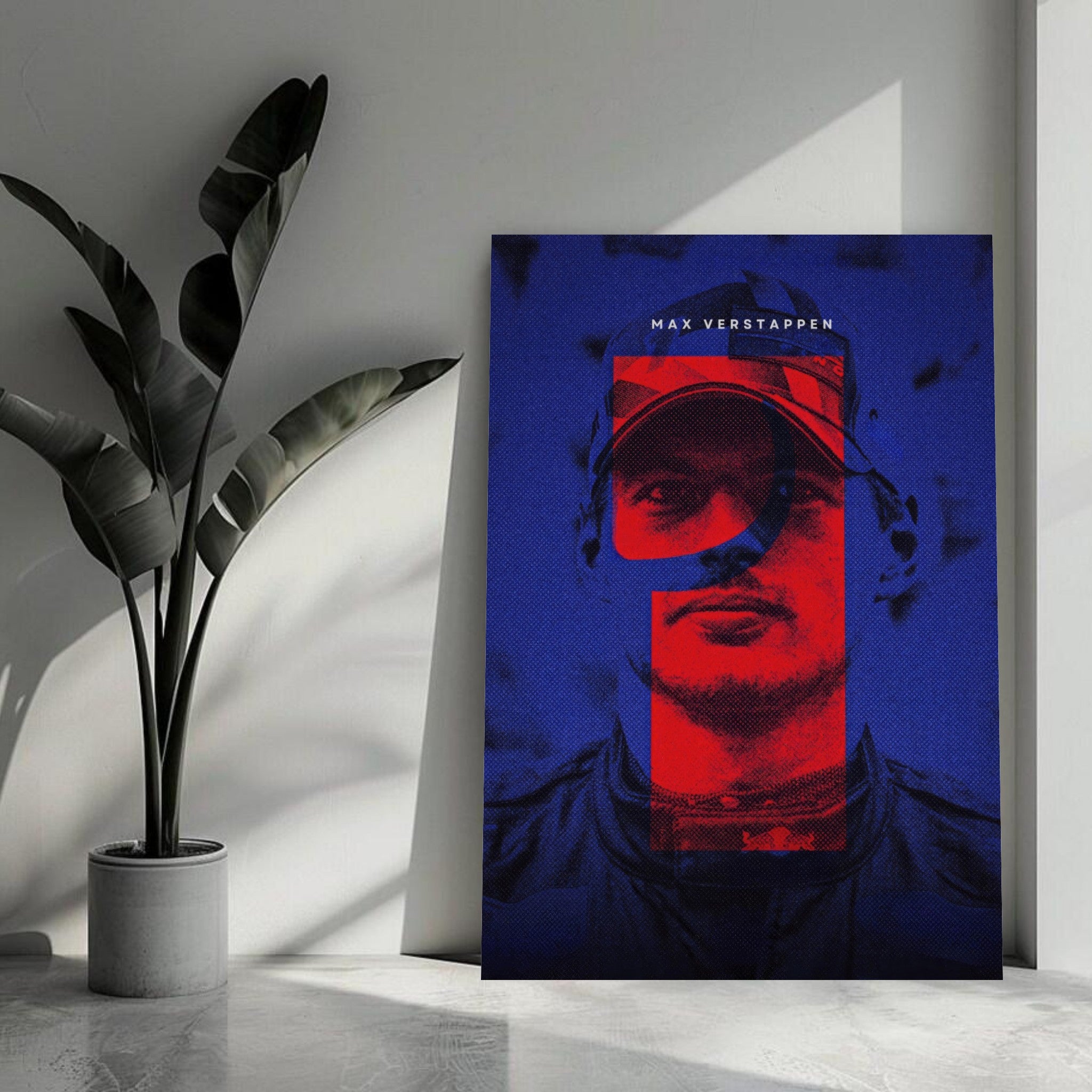 Max Verstappen metal print featuring vibrant F1 imagery, sleek design, and high-gloss finish in modern wall art setting.