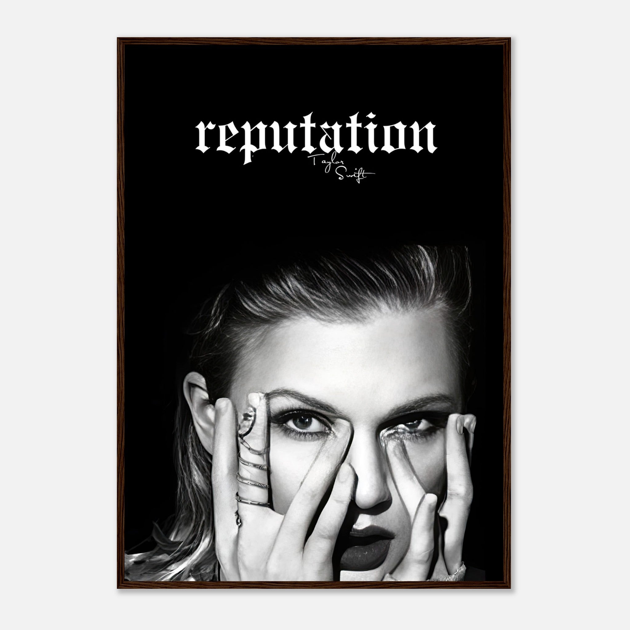 Taylor Swift Reputation framed print featuring bold black-and-white imagery and striking typography. Perfect for fans.