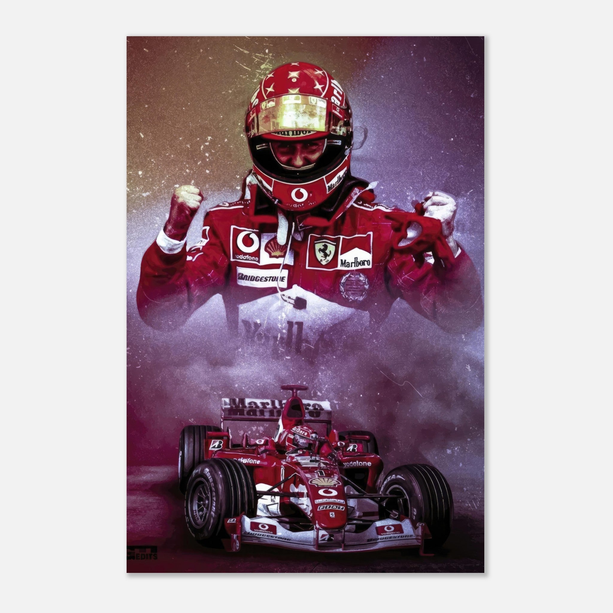 Michael Schumacher metal print showcasing the legendary racer in his Ferrari suit, exuding passion and determination.