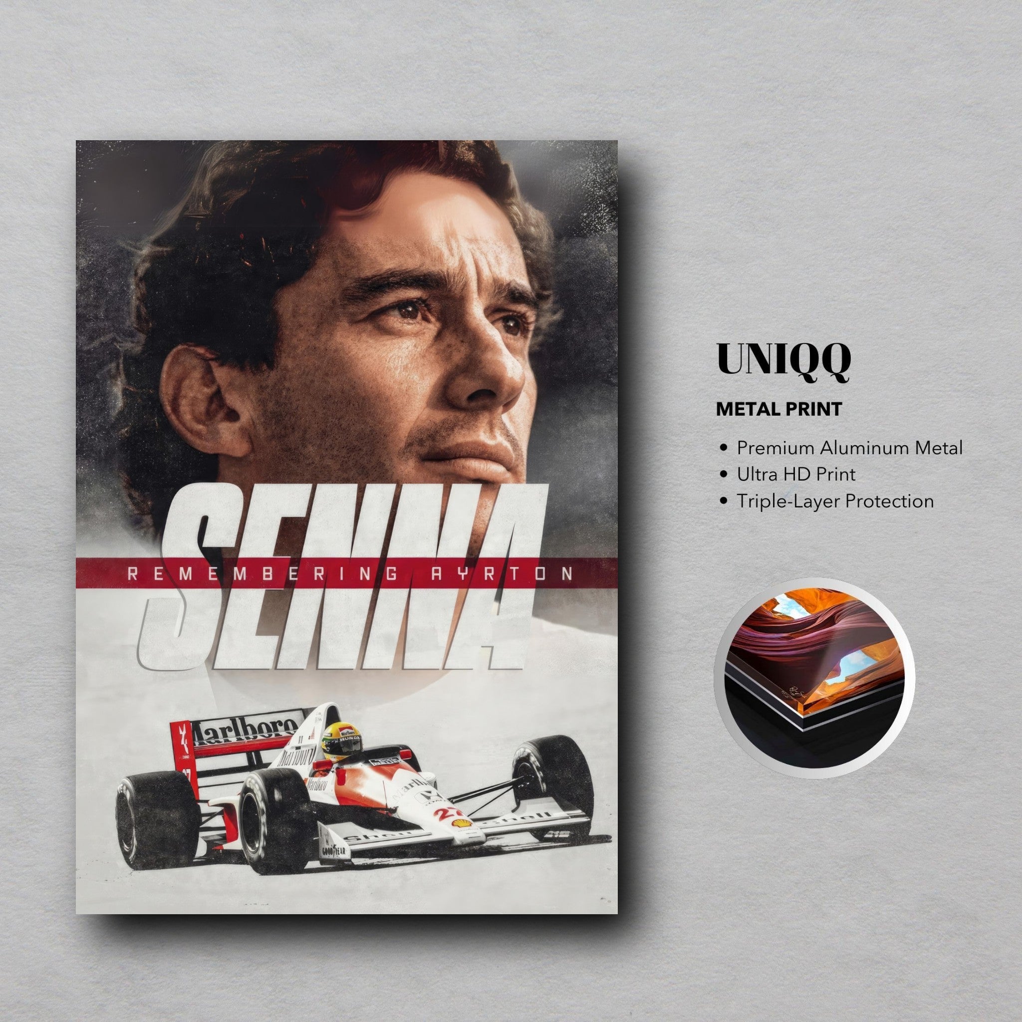 Ayrton Senna metal print showcasing high-definition artwork with tribute text and racing imagery.