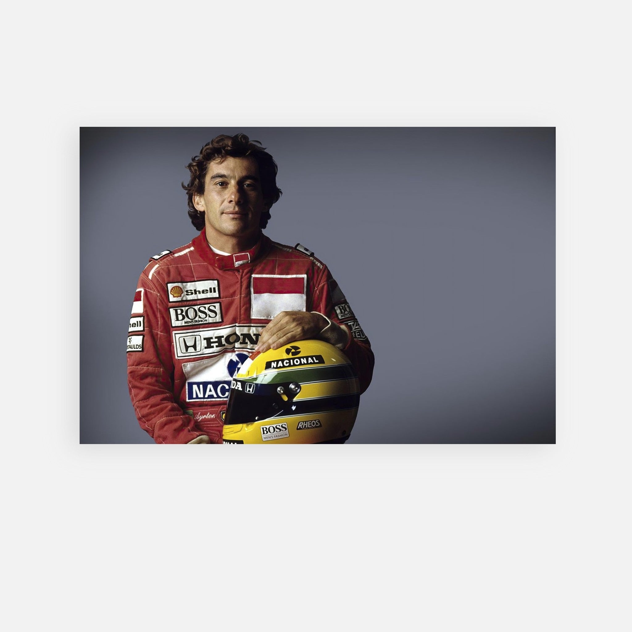 Ayrton Senna holding a racing helmet, showcasing his iconic style and legacy in Formula 1. Metal print suitable for decor.