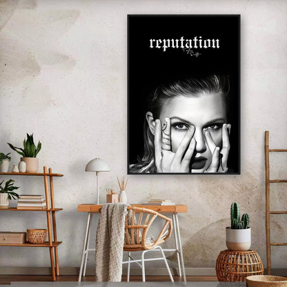 Taylor Swift Reputation framed print featuring bold black-and-white imagery in a stylish interior setting.