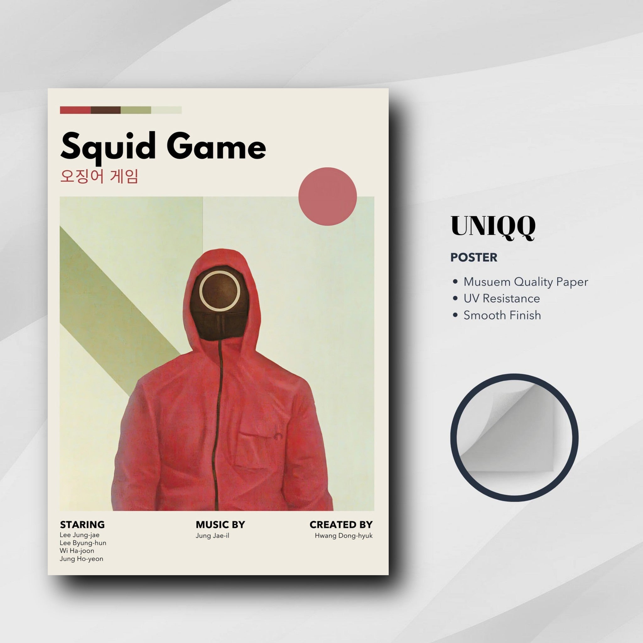 Vintage Squid Game poster featuring minimalist design, bold colors, and iconic imagery, perfect for fans of the series.