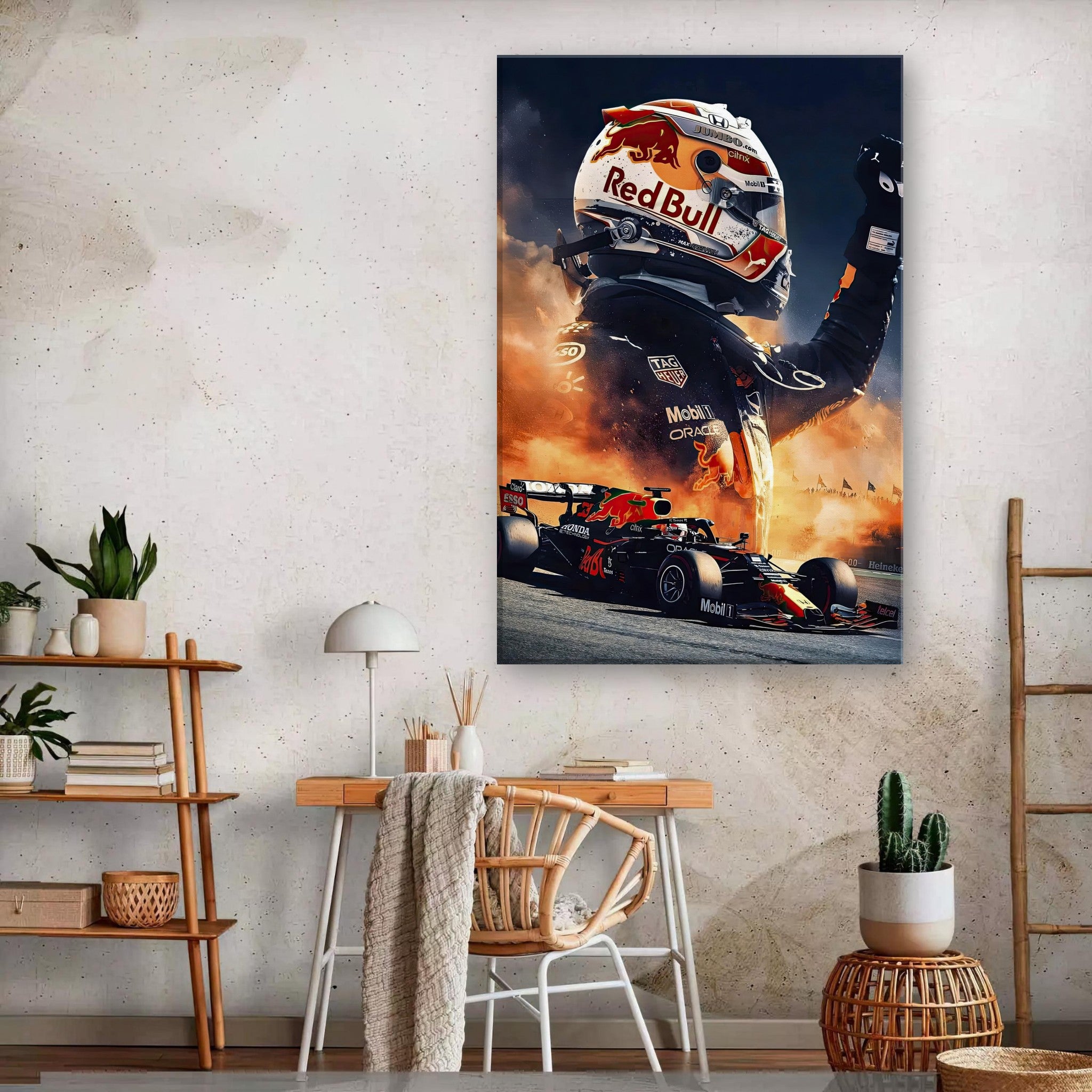 Max Verstappen Red Bull canvas print showcasing dynamic Formula 1 racing scene in vibrant colors for modern decor.