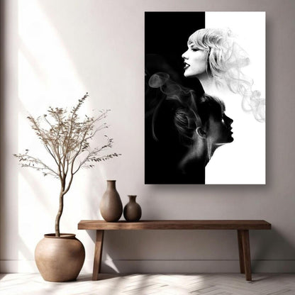 Taylor Swift black and white metal print artwork showcasing elegant dual-tone design for modern home décor.