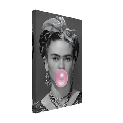 Frida Kahlo Bubble Gum canvas art featuring a grayscale portrait with vibrant pink bubble gum detail.