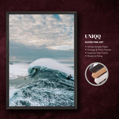 Big Wave Surfing fine art print showcasing a surfer tackling a massive wave with dramatic ocean colors.