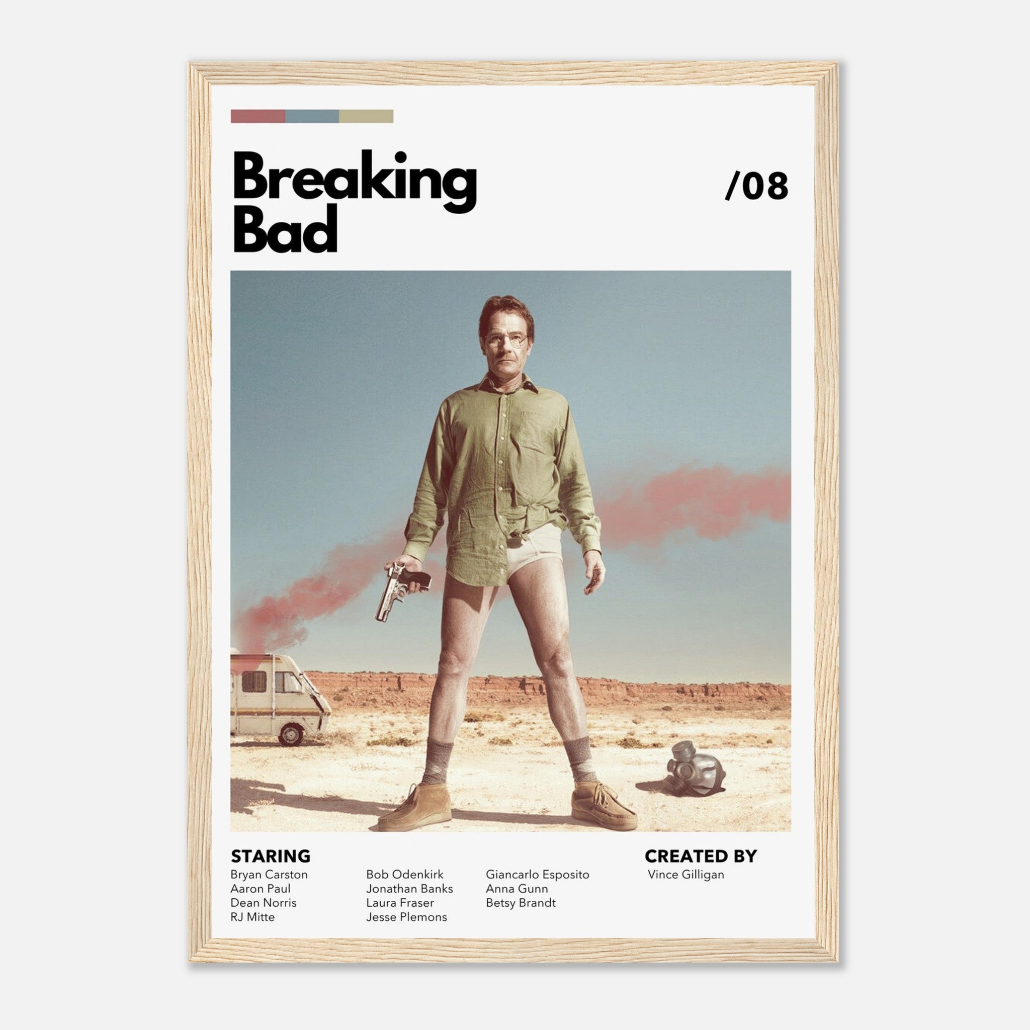 Retro Breaking Bad framed poster featuring Walter White in the desert with a revolver and iconic tighty-whities.