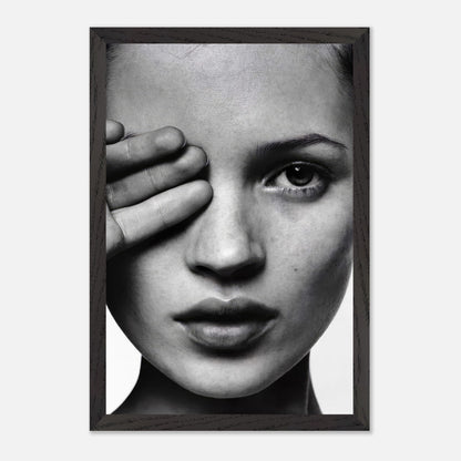 Kate Moss vintage black and white photography framed print featuring a close-up portrait with artistic hand placement.