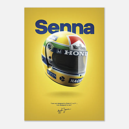 Ayrton Senna helmet poster featuring iconic yellow design and branding against a vibrant yellow background.