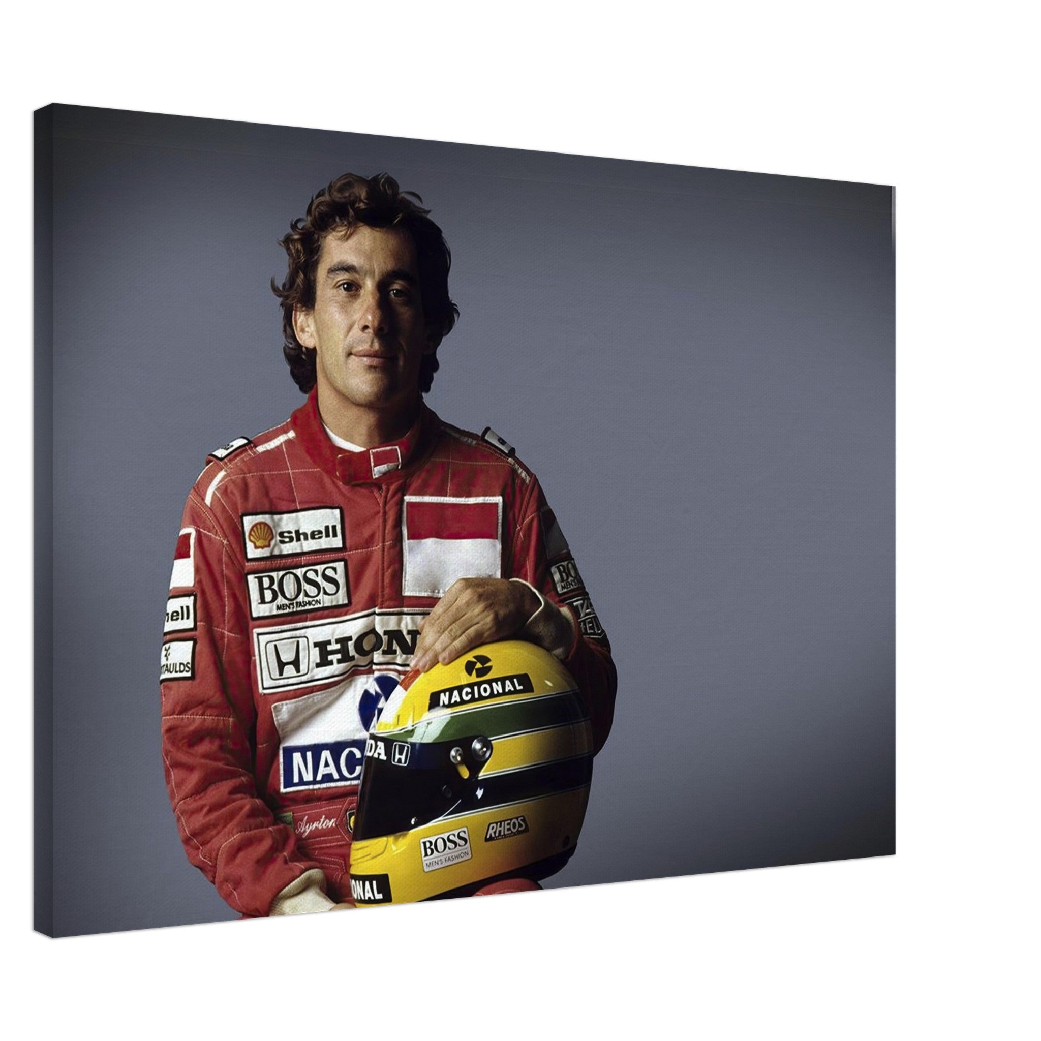 Ayrton Senna canvas print featuring the legendary racer in his iconic red racing suit, holding his helmet.