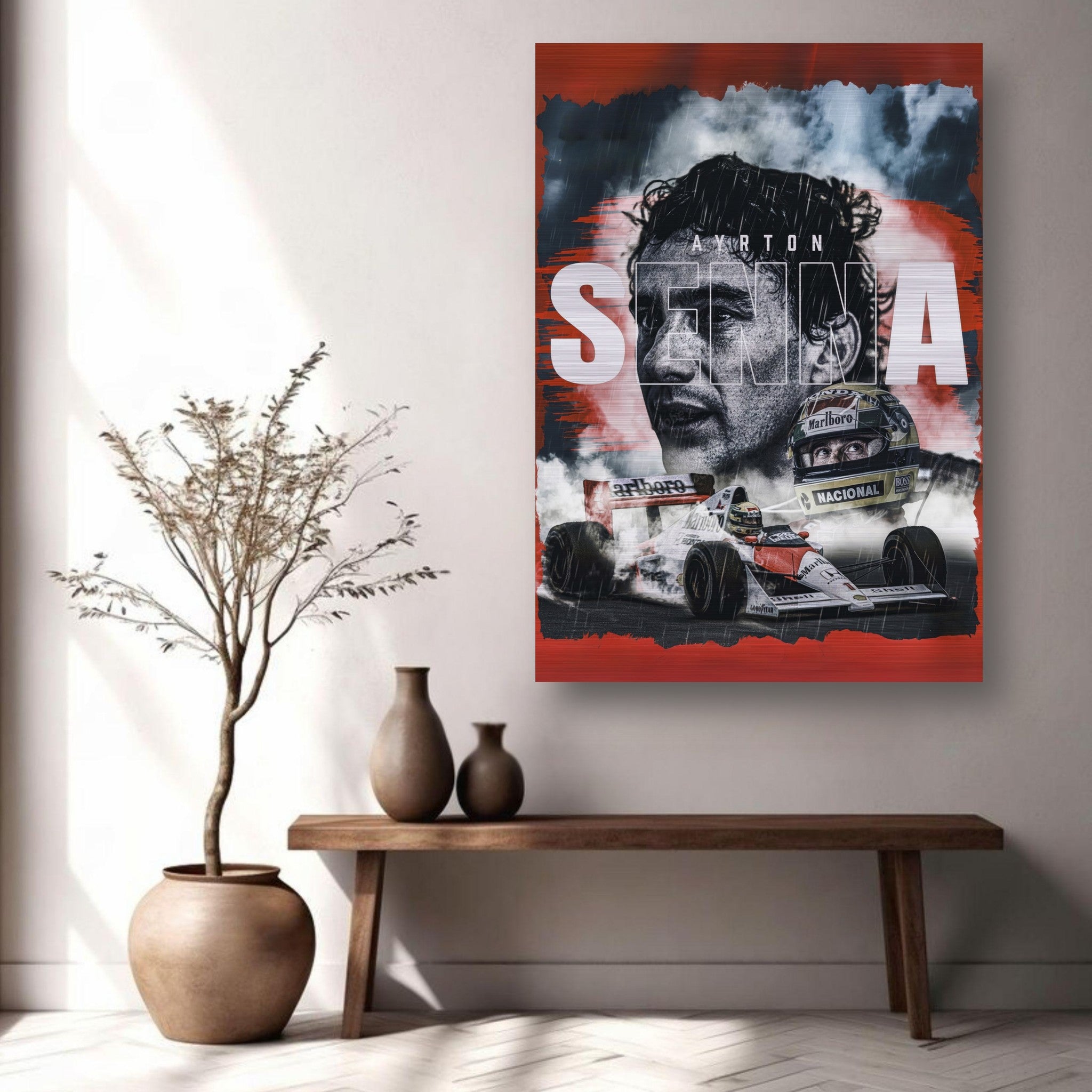 Ayrton Senna F1 legend poster on wall, showcasing brushed metal design in a modern living space.