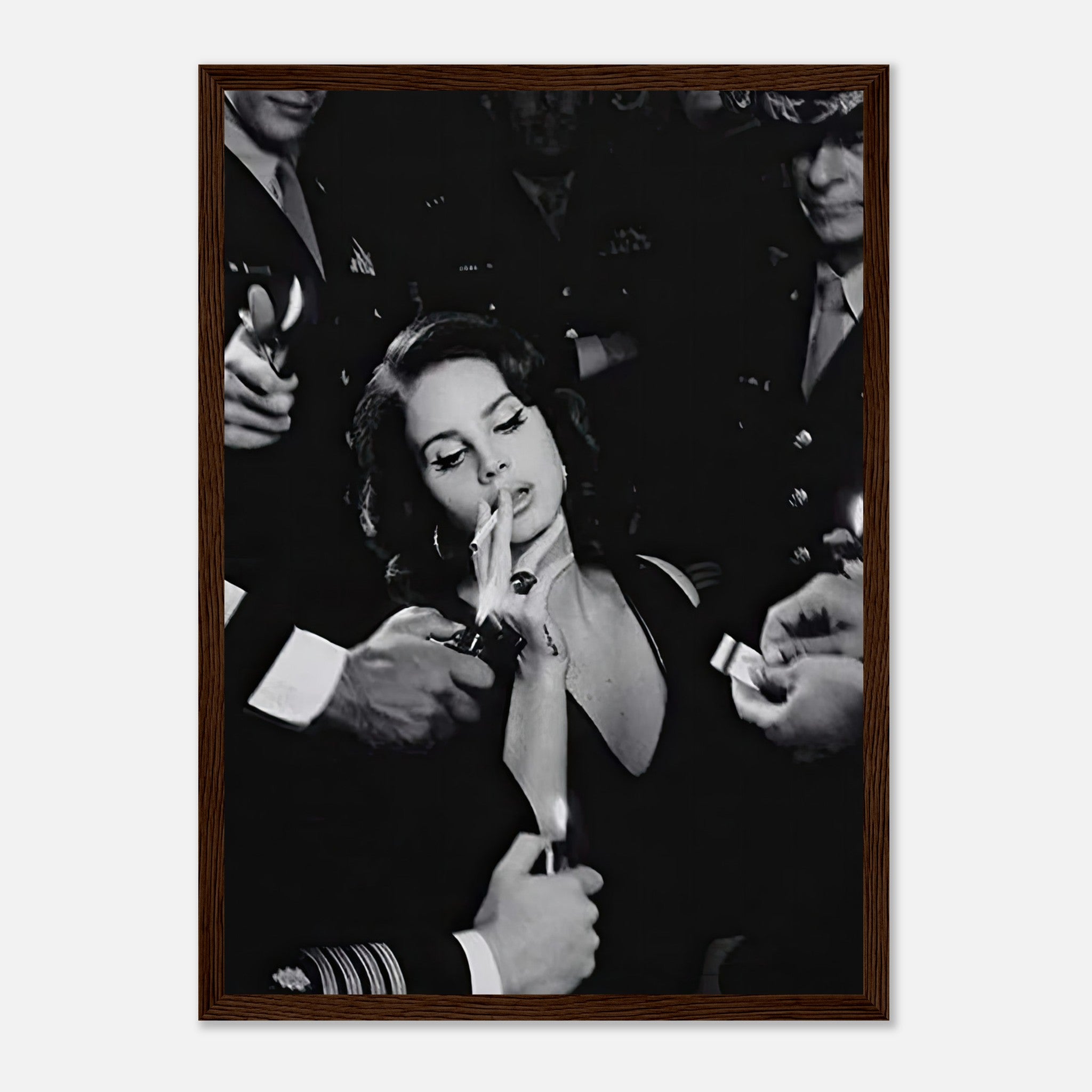 Lana Del Ray Smoking framed print, capturing vintage Hollywood charm in a striking black-and-white aesthetic.