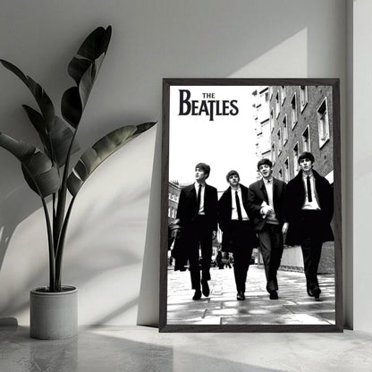 The Beatles cover fine art print in black and white, showcasing the iconic band walking in stylish suits.