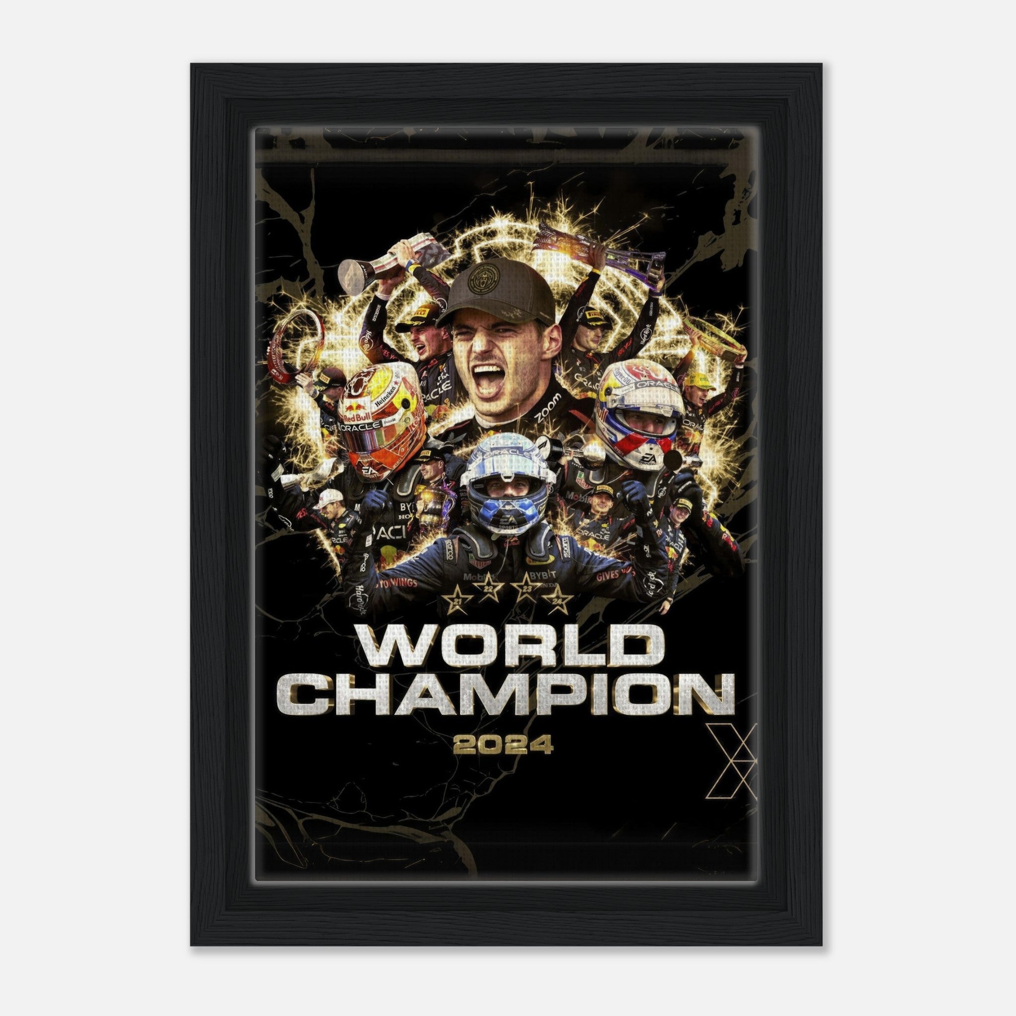 Framed canvas print of Max Verstappen celebrating his 2024 F1 World Championship with dynamic graphic design.