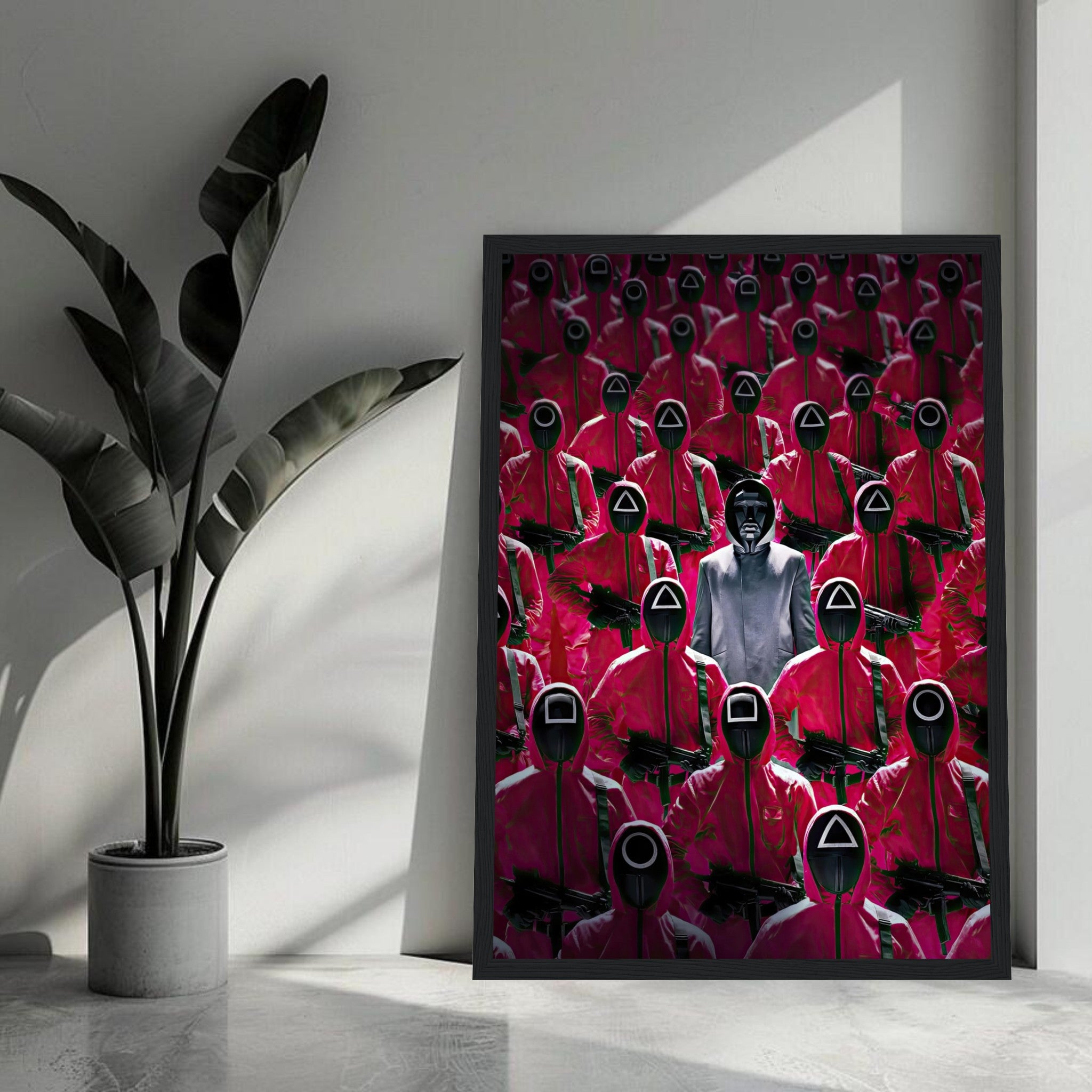 Squid Game Guards framed print featuring iconic pink-clad guards and their leader in a dramatic setting.