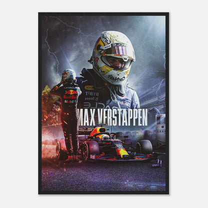 Max Verstappen Red Bull Racing framed print showcasing stunning artwork of the F1 superstar in action.