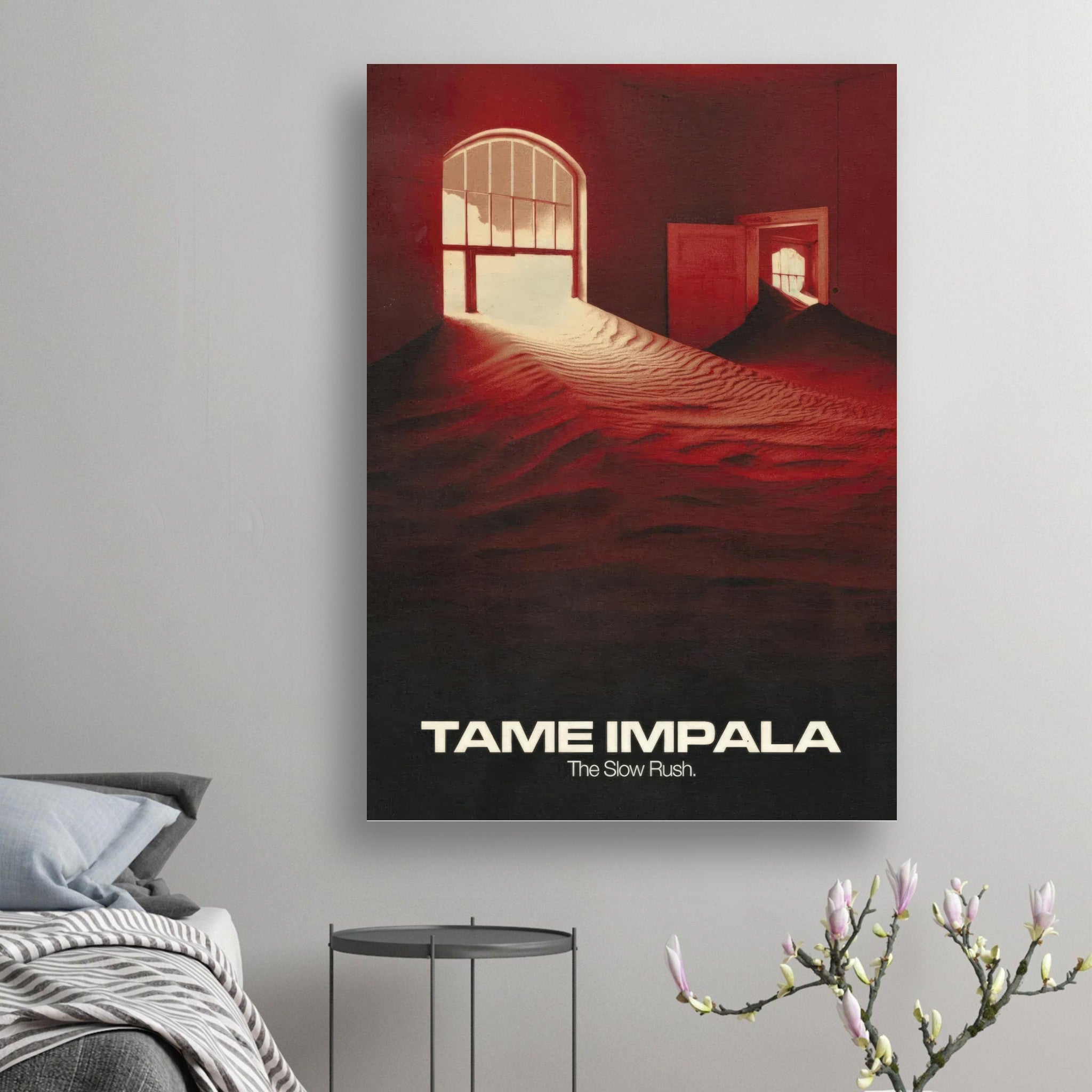 Tame Impala "The Slow Rush" poster with surreal art and vibrant colors, perfect for home decor and fans.