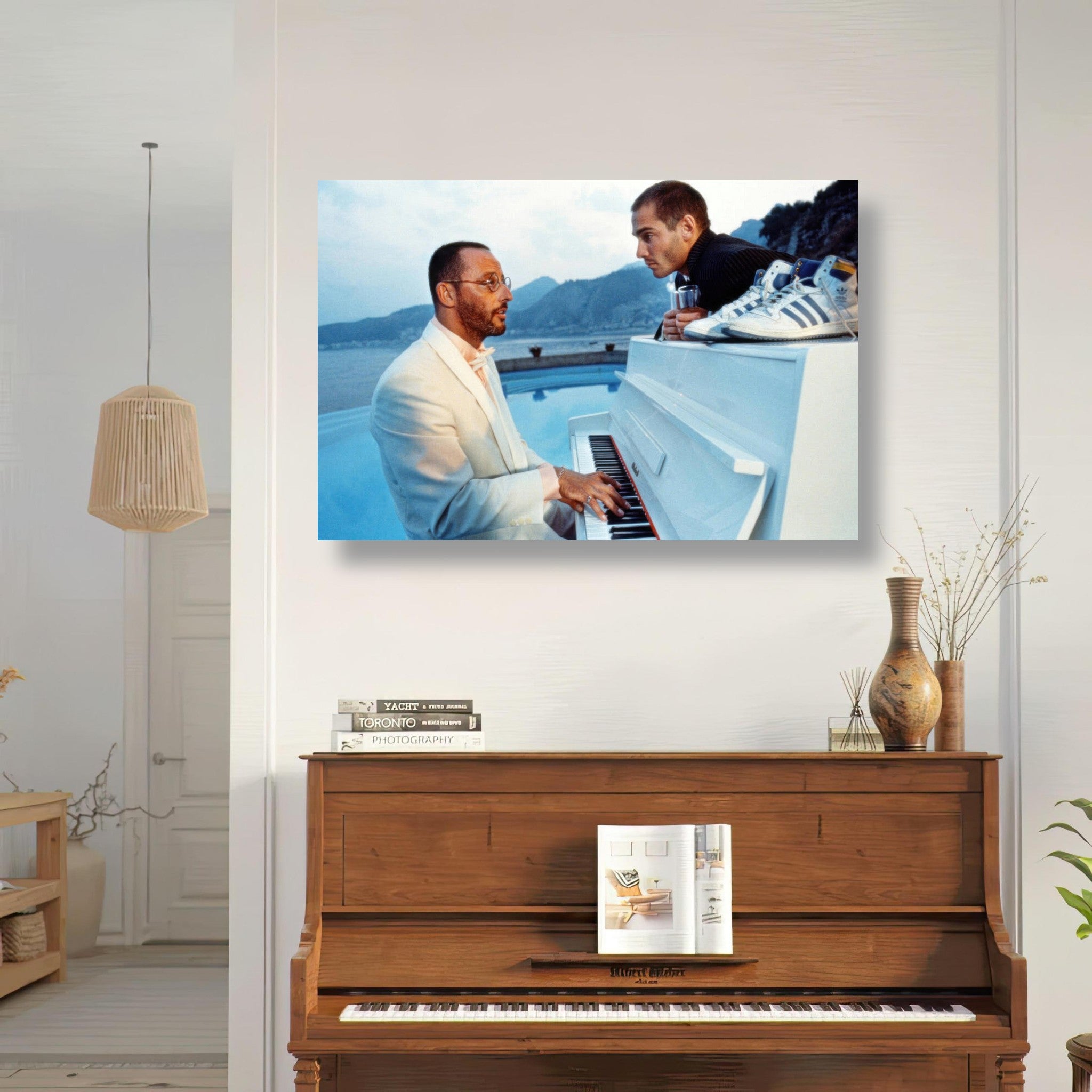 Jean Reno Piano Metal Print featuring iconic scene from *The Big Blue*, enhancing modern decor with cinematic elegance.