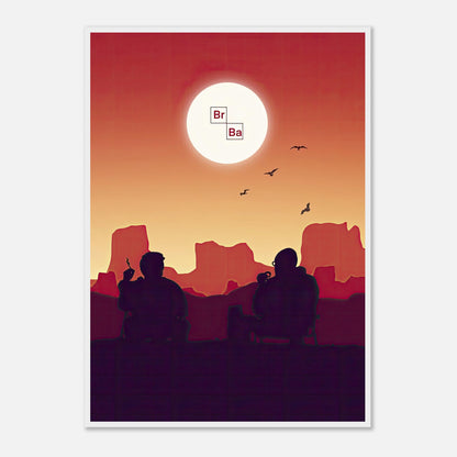 Sunset Breaking Bad framed poster featuring Walt and Jesse under a vibrant sunset in a desert landscape.