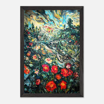 Abstract floral landscape painting with vibrant colors and fluid brushstrokes, showcasing lively flowers in a dreamlike scene.