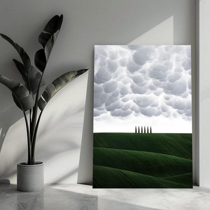 Toscana metal print showcasing rolling green hills and cypress trees under a dramatic sky, enhancing home decor.