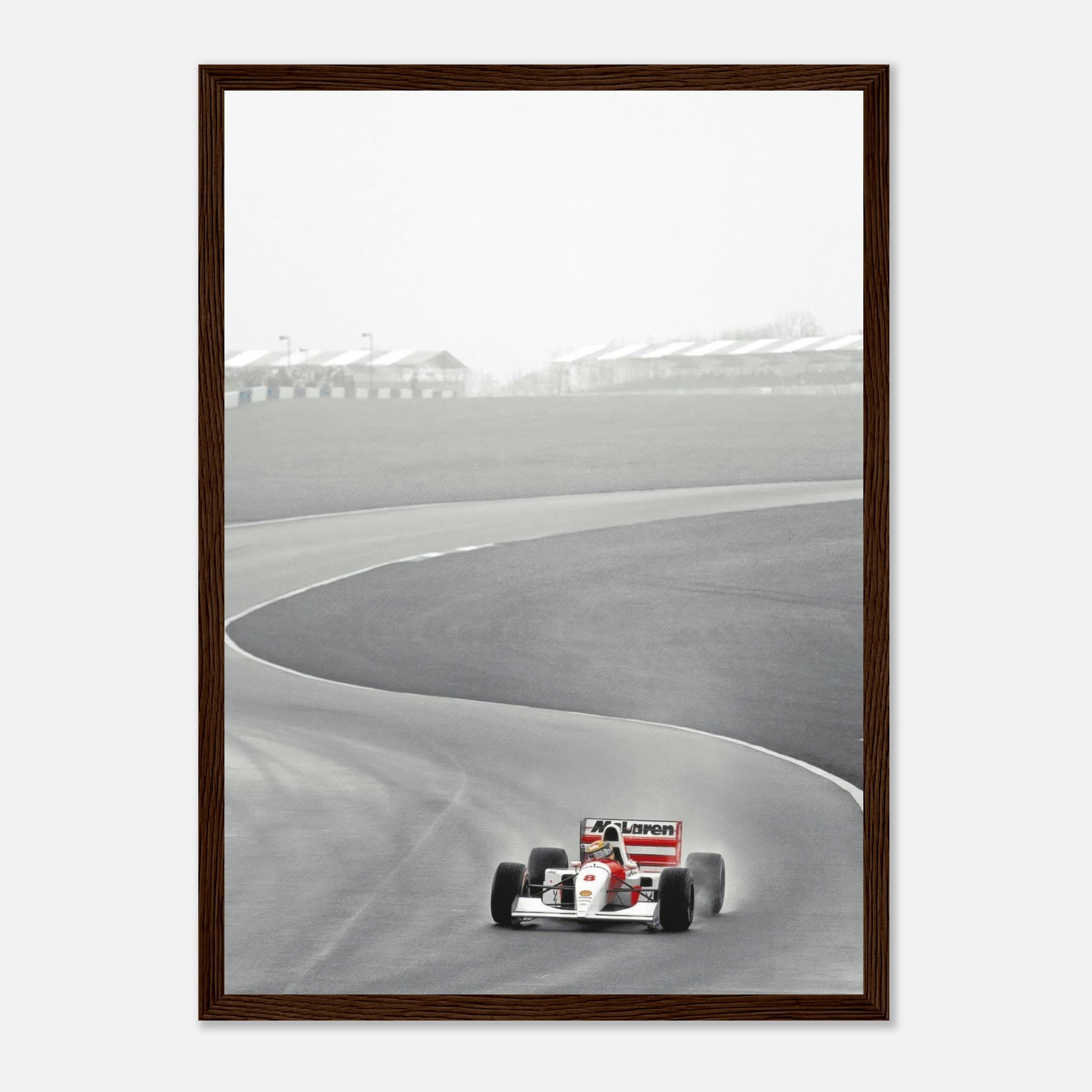 Black and white framed print of Ayrton Senna racing the McLaren MP4/4 at the 1988 Formula 1 season.