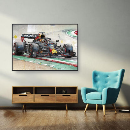 Max Verstappen framed print showcasing Red Bull Racing car in a stylish living room setting.