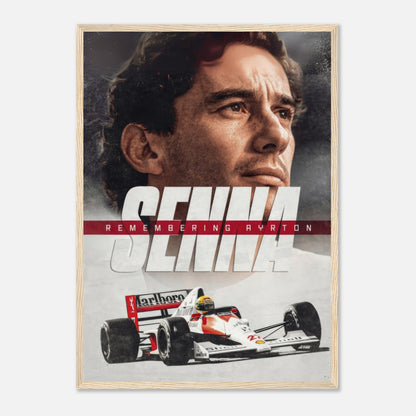 Ayrton Senna framed art print featuring his portrait and racing car, celebrating the legacy of a Formula 1 icon.