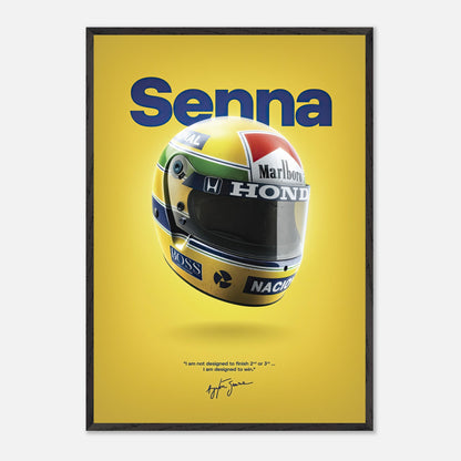 Vintage framed art of Ayrton Senna's helmet on a bright yellow background, featuring his iconic colors and signature.