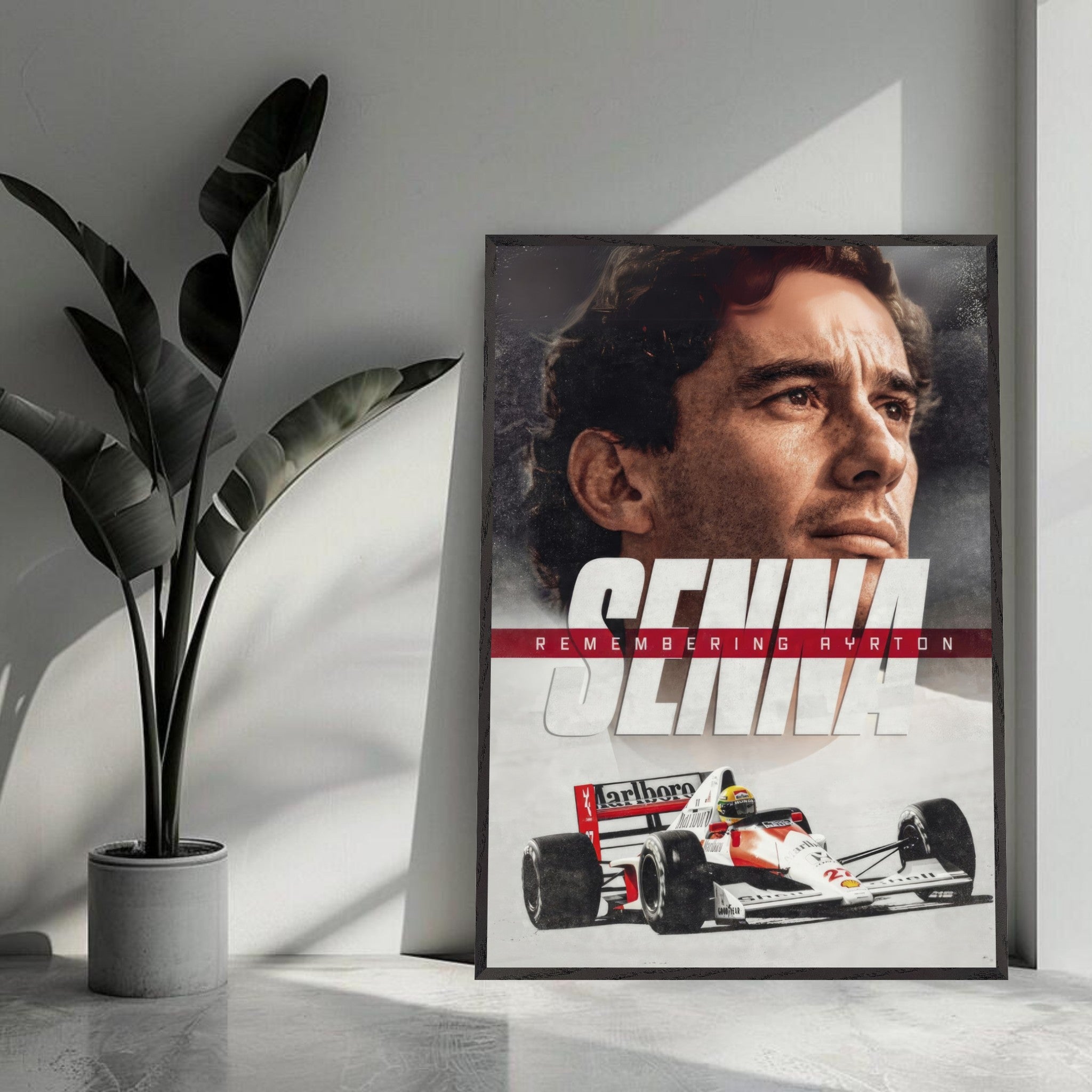 Ayrton Senna fine art print featuring his iconic portrait and race car, capturing the legacy of a Formula 1 legend.