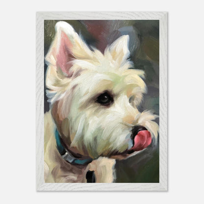 Westie dog painting in vintage frame, showcasing the playful spirit and details of a West Highland White Terrier.