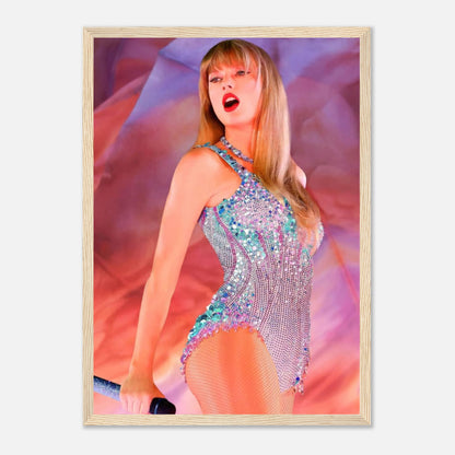 Taylor Swift performing in a dazzling outfit, framed print capturing her dynamic energy and artistry from The Eras Tour.