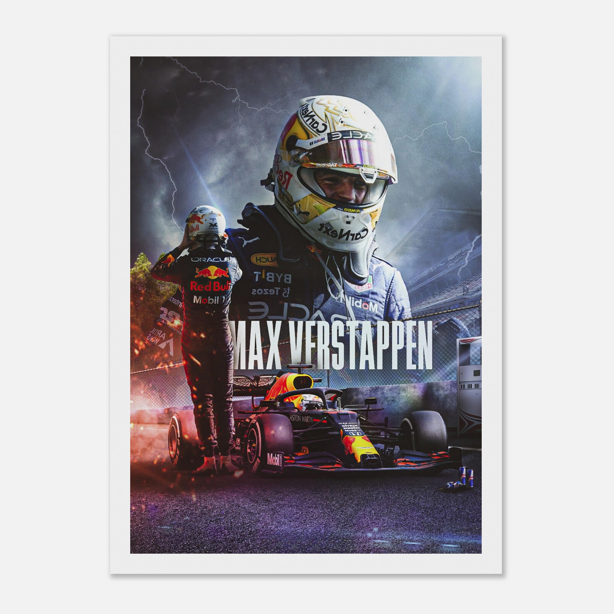 Max Verstappen Red Bull Racing framed print showcasing stunning F1 artwork with vibrant colors and dynamic design.