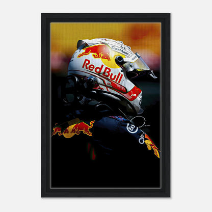 Framed canvas print of Max Verstappen in a Red Bull helmet, showcasing vibrant details and premium frame elegance.