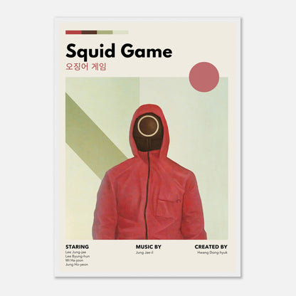 Vintage Squid Game framed print featuring iconic red-hooded figure and minimalist design. Perfect for fans and collectors.