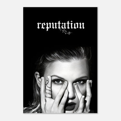 Taylor Swift Reputation metal print featuring bold black-and-white artwork showcasing fierce expression and iconic design.