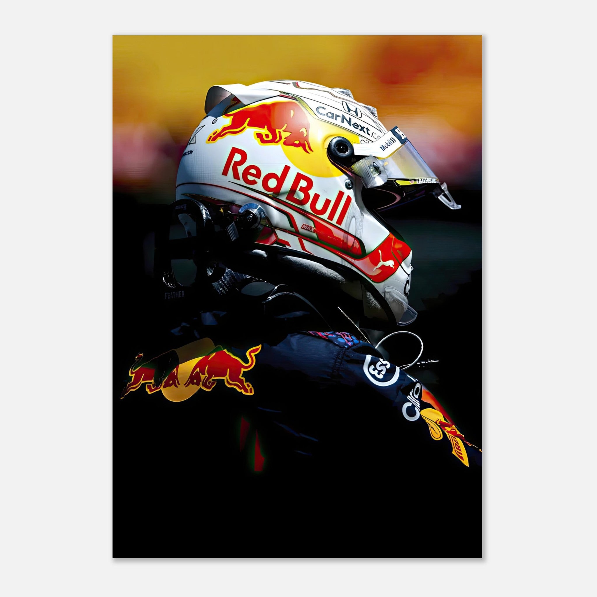 Max Verstappen in Red Bull Racing helmet, vibrant poster showcasing F1 excitement and energy for fans.